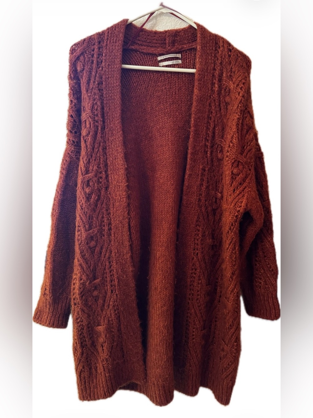 Anthropologie Cozy Open-Front Cable Knit Cardigan Sweater - Rust